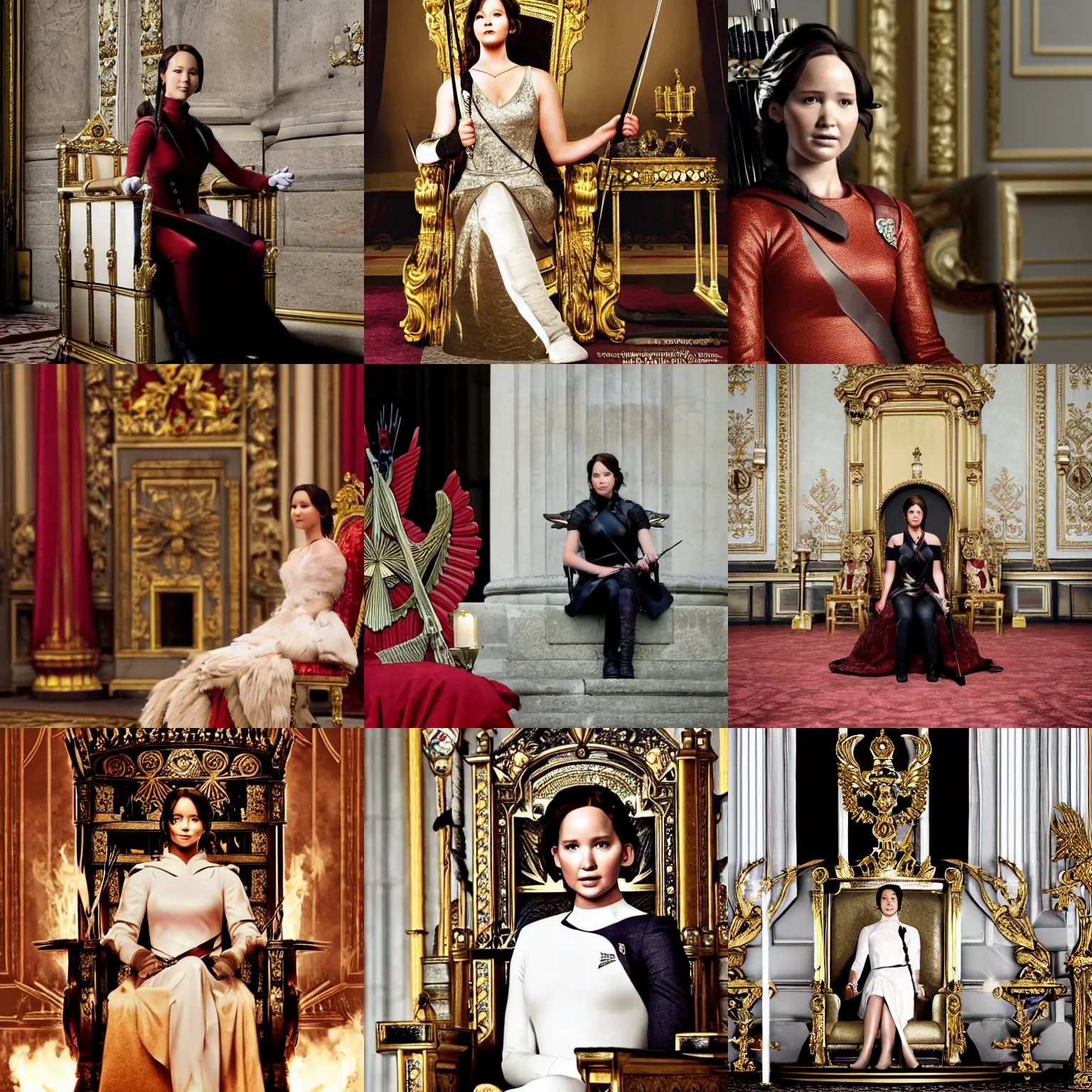 Prompt: Katniss Everdeen as the Queen of England, sitting on her throne inside Buckingham Palace