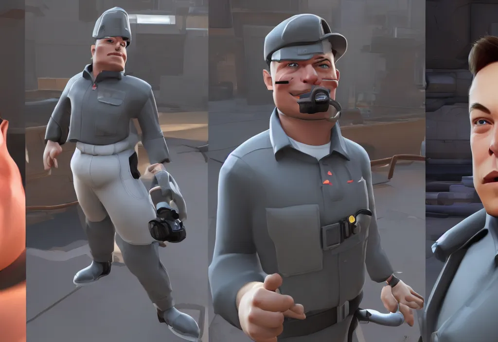 Image similar to elon musk in team fortress 2, elon musk in the video game team fortress, gameplay screenshot, close up, 3 d rendering. unreal engine. amazing likeness. very detailed.