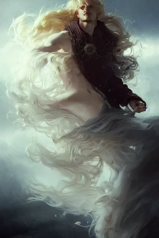 Image similar to johan liebert mixed with alucard picture by Greg Rutkowski, long fluffy blond curly hair, baroque curls, dynamic pose, matte painting, intricate, z brush, fantasy concept art, elegant, by Stanley Artgerm Lau, WLOP, golden ratio, thomas kindkade, alphonse mucha, loish, Peter chung, norman Rockwell,