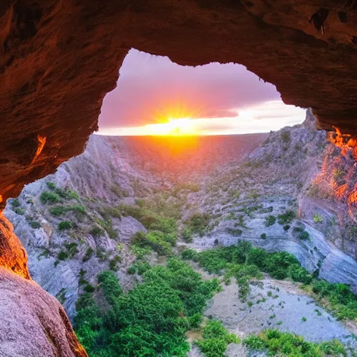 Prompt: a cave openung reveling beautiful sunset with clouds