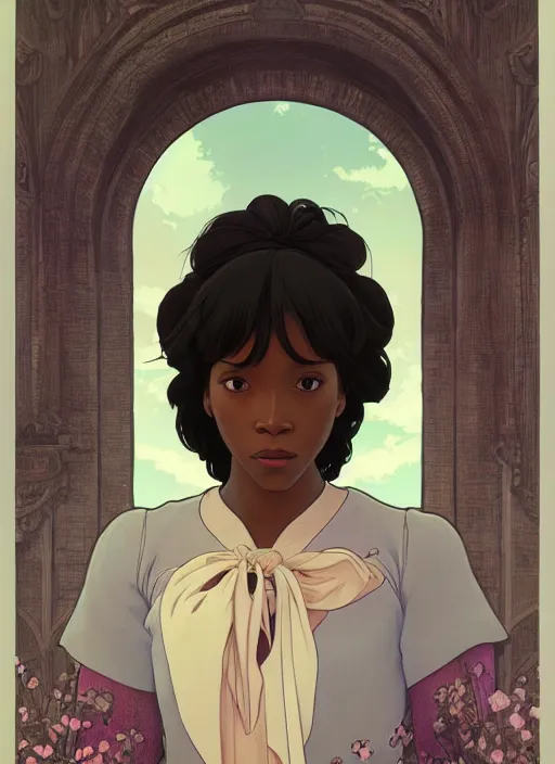 Image similar to pretty young black woman with shoulder length hair, path traced, highly detailed, high quality, digital painting, by studio ghibli and alphonse mucha, leesha hannigan, makoto shinkai, disney