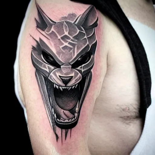 Image similar to a tatoo of rengar from league of legends,