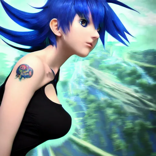 Image similar to a blue haired green eyes girl in a dynamic pose. character design. gesture drawing. line of action. official art, unreal engine 5, unreal engine. tetsuya nomura. medium shot. ray tracing hdr. 8 k. uhd. sharp focus. highly detailed. masterpiece. anime render. cinematic lighting. lifelike. symmetrical face. beautiful face