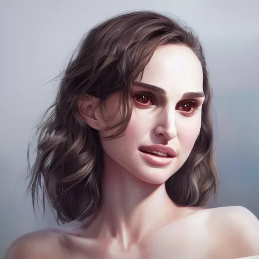 Image similar to realistic detailed semirealism beautiful gorgeous natural cute excited happy Natalie Portman 4K high resolution quality artstyle professional artists WLOP, Aztodio, Taejune Kim, Guweiz, Pixiv, Instagram, Artstation