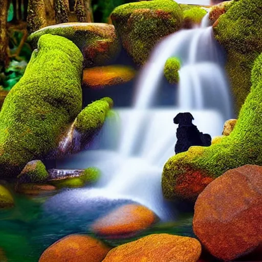 Prompt: Zen waterfall with a dog swimming in the water underneath, fairytale artwork, realistic, highly detailed, beautiful, rich flower colors, smooth n 9