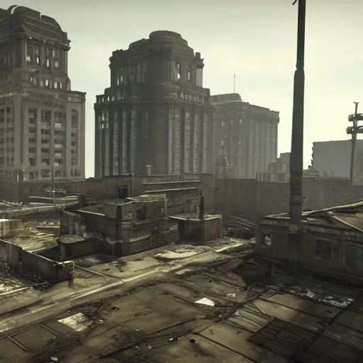Image similar to royal liver building, liverpool in ruins post - nuclear war in fallout 4, in game screenshot