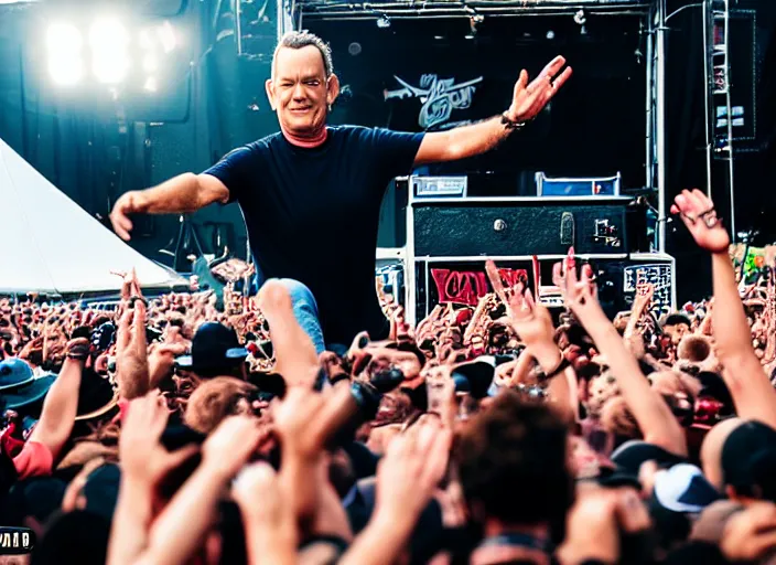 Prompt: photo still of tom hanks at vans warped tour!!!!!!!! at age 4 5 years old 4 5 years of age!!!!!!! stage diving into a crowd, 8 k, 8 5 mm f 1. 8, studio lighting, rim light, right side key light