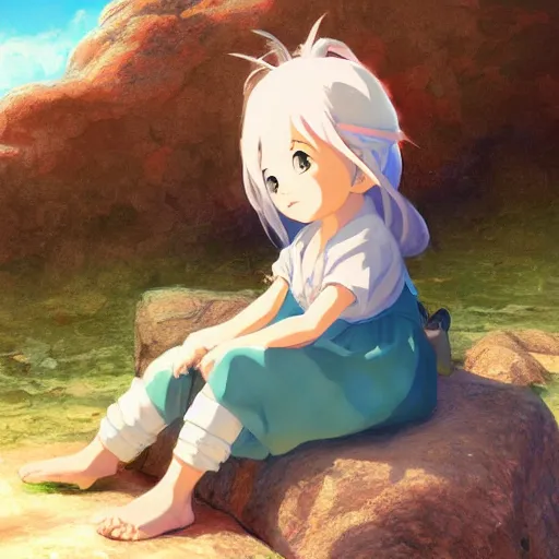 Prompt: a painting of a little girl sitting on a rock, a digital painting by hayao miyazaki, cgsociety, metaphysical painting, 2 d game art, storybook illustration, detailed painting