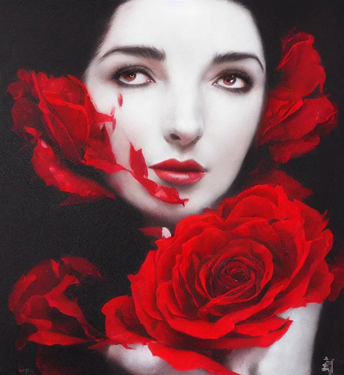 Prompt: portrait of kate bush, lush black hair, pale skin, red rose petals, flowing material, intricate, beautiful cinematic lighting, stuning painting by artgerm and ruan jia