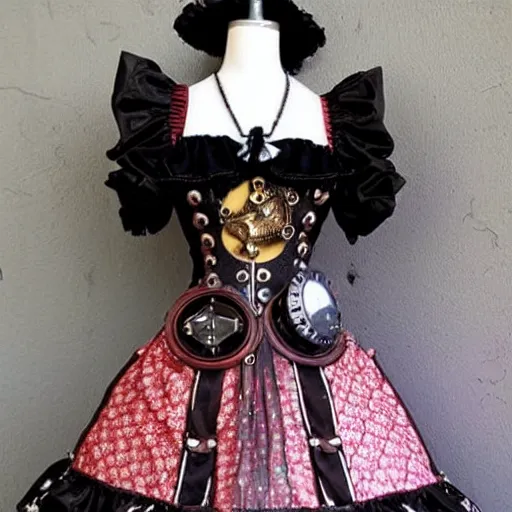 Prompt: A mechanical-steampunk themed lolita outfit ; the fabric has pictures of galaxies moons and stars on it. A beautiful lolita dress, Angelic Pretty!dream a steampunk themed lolita outfit ; the fabric has pictures of gears and bolts on it. A beautiful lolita dress, Angelic Pretty