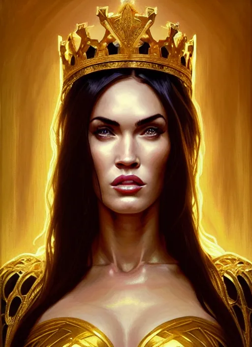 Image similar to portrait of megan fox as a queen, throne, jewelry, greek, yellow, intricate, headshot, highly detailed, digital painting, artstation, concept art, sharp focus, cinematic lighting, illustration, art by artgerm and greg rutkowski, alphonse mucha, cgsociety