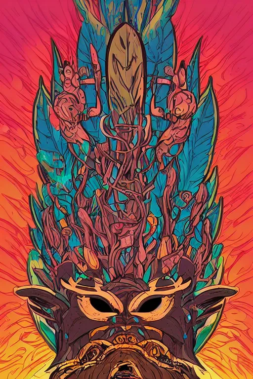 Image similar to animal mask totem roots flower tribal feather gemstone plant wood rock shaman vodoo video game vector cutout illustration vivid multicolor borderlands comics by josan gonzales and dan mumford radiating a glowing aura