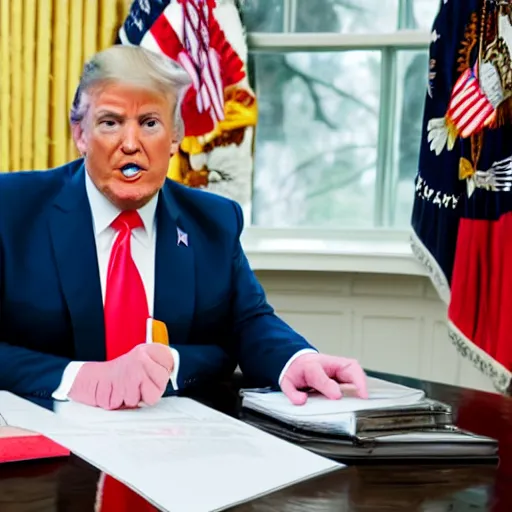 Image similar to candid portrait photo of president trump at his desk eating papers with his bare hands, detailed portrait, 4 k, megapixel, sony a 7 s, f / 8, 2 4 mm lens