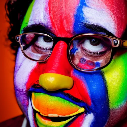 Prompt: a portrait of a abstract danny devito who has face - painting like a clown smiling creepily. depth of field. lens flare