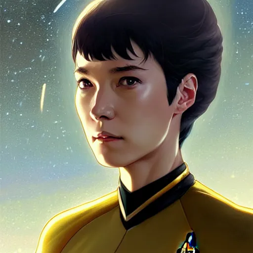 Image similar to star trek starship captain, finely detailed features, closeup at the face, perfect art, gapmoe yandere grimdark, trending on pixiv fanbox, painted by greg rutkowski makoto shinkai takashi takeuchi greg rutkowski, alphonse mucha, akihiko yoshida