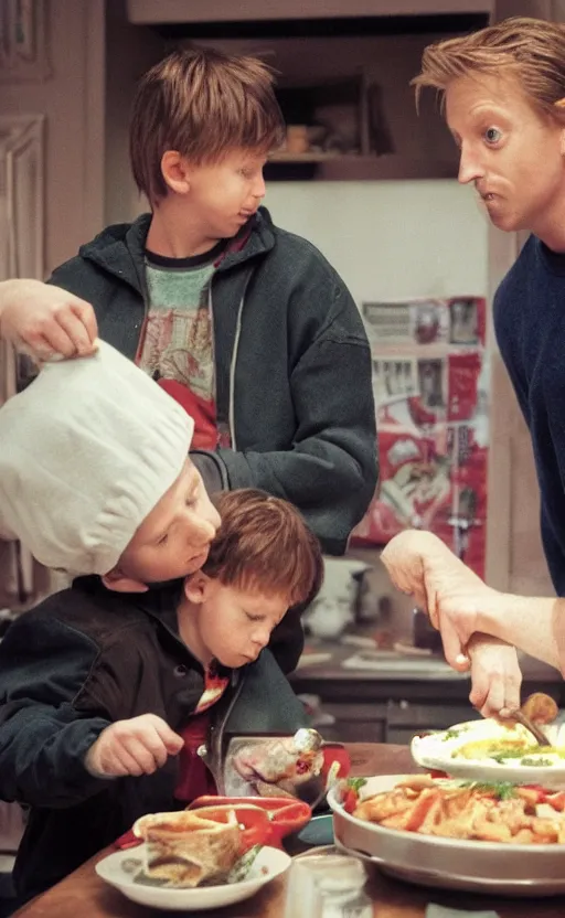 Prompt: kevin mccallister cooking harry and marv for dinner, photorealistic, realistic, detailed, hyperrealistic, 8 k, hdr, high quality, high resolution, lossless quality