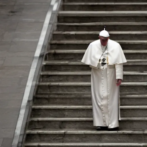 Image similar to the pope on a pogo stick going down marble staircase