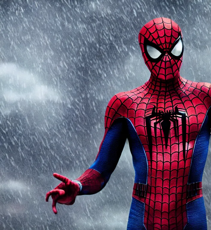 Image similar to tobey maguire as spiderman, dramatic rain, 8 k