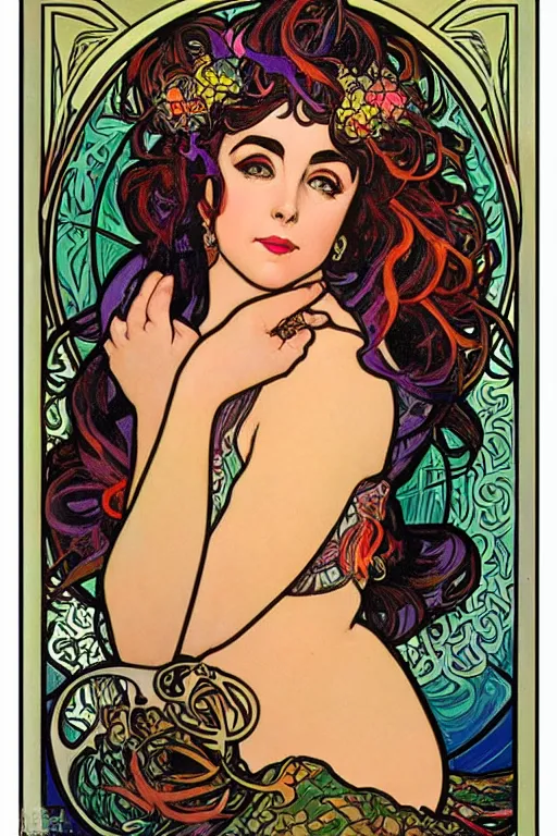 Image similar to realistic detailed face portrait of Mermaid Elizabeth Taylor, by Alphonse Mucha, and Lisa Frank, Art Nouveau, Neo-Gothic, gothic, rich deep colors