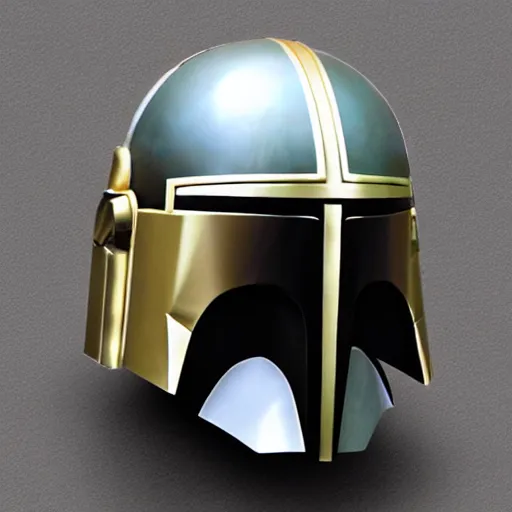 Prompt: mandalorian, crusader, star wars,, helmet in gold and white