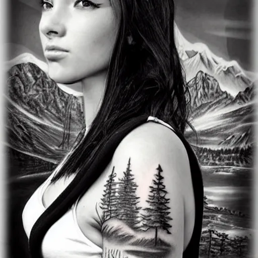 Image similar to tattoo design sketch of a beautiful girl next face to a beautiful mountain scenery, hyper realistic