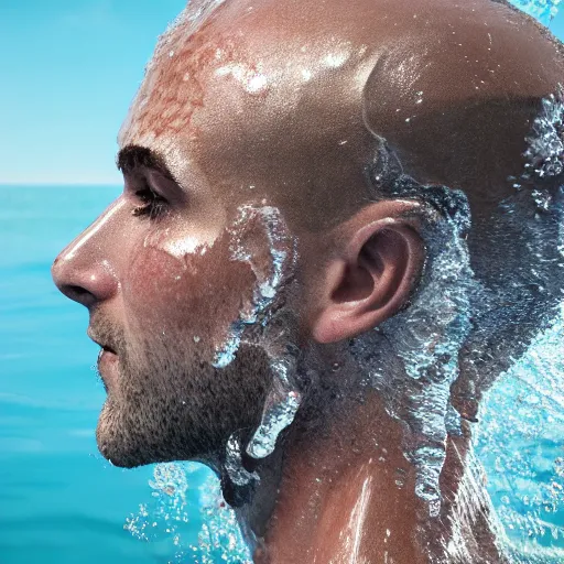 Image similar to spillin water creating a human head out of water, on the ocean water, ray tracing, realistic water sharp focus, long shot, 8 k resolution, cinematic, amazing water art