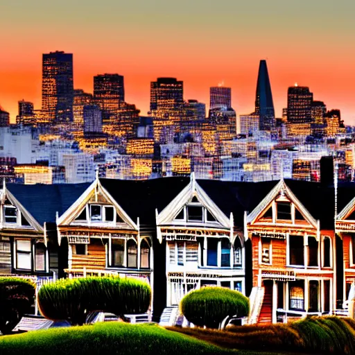 Prompt: a photograph of the painted ladies in san francisco at sunset with bokeh effect high definition