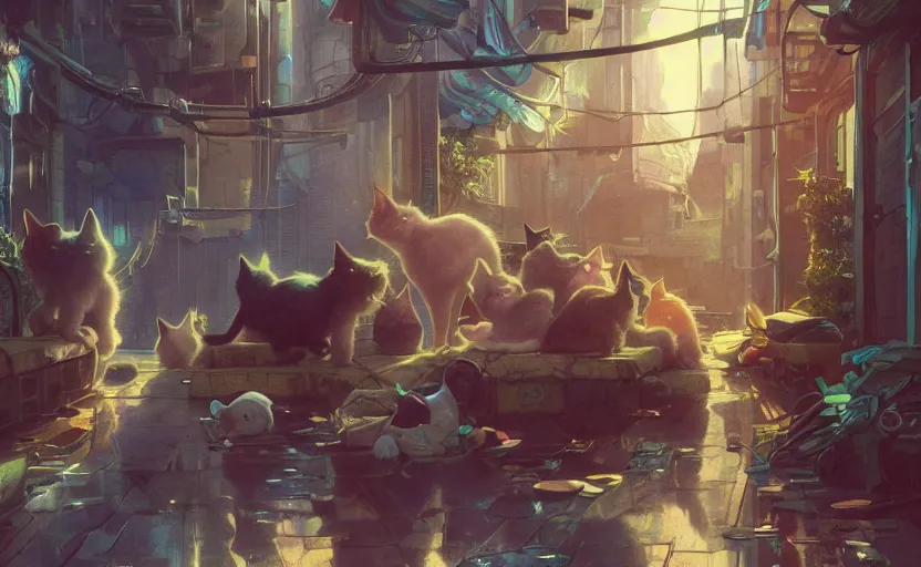 Prompt: a group of cats with one cat stretching in an alleyway in a space opera cyberpunk studio ghibli animated film, volumetric lighting, octane render by anime, stanley artgerm lau, greg rutkowski, thomas kindkade, alphonse mucha, loish, norman rockwel, highly detailed