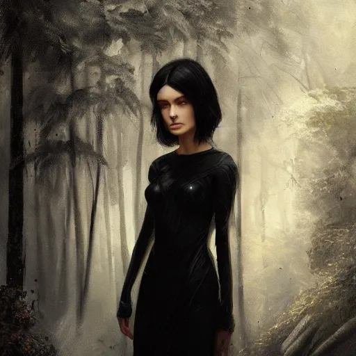 Prompt: portrait painting of female forest elf black hair, black dress, dramatic light, 8 k, by greg rutkowski