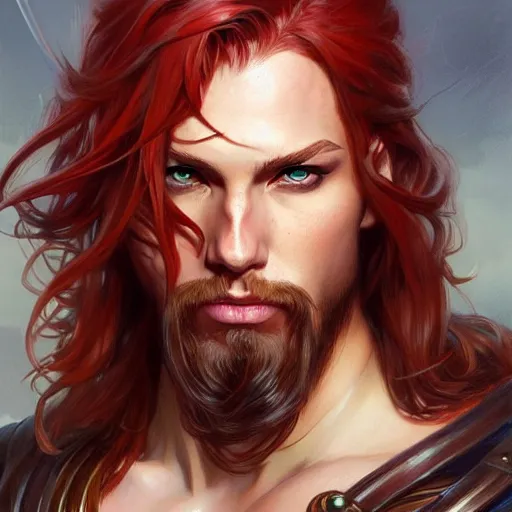 Image similar to full body shot of male pirate, D&D, handsome, amber eyes, muscular, fantasy, intricate, long hair, red hair, elegant, highly detailed, digital painting, artstation, concept art, smooth, sharp focus, illustration, art by artgerm and greg rutkowski and alphonse mucha