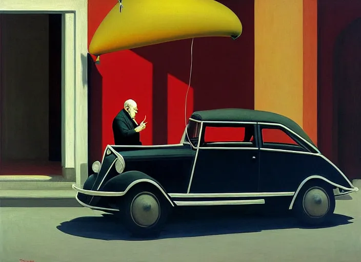 Image similar to aslouchy elegant old man with a black balloon stands at citroen ds 1 9 in grim rome, highly detailed, soft lighting, elegant, by edward hopper and james gilleard, zdzislaw beksinski, steven outram, highly detailed