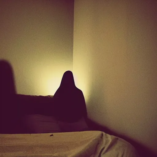 Prompt: silhouette of scary figure at the edge of bed, children's room, eerie