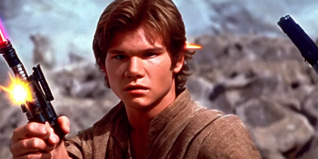 Image similar to A full color still from a film of a teenage Han Solo as a Jedi padawan holding a lightsaber hilt, from The Phantom Menace, directed by Steven Spielberg, 35mm 1990