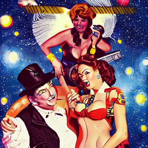 Image similar to old school, traditional style flashes of pinup girl in space holding a lazer pistol by sailor jerry, marina goncharova, vic james, electric martina, heath clifford, filip henningsson, kimi vera