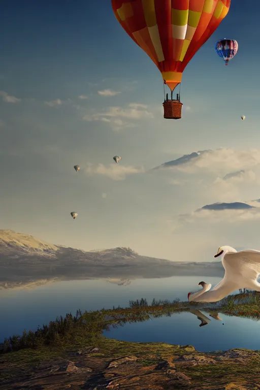 Prompt: Photorealistic two swans forming a Hot Air Balloon, flying above a mountain lake, 8k highly professionally detailed, HDR, CGsociety