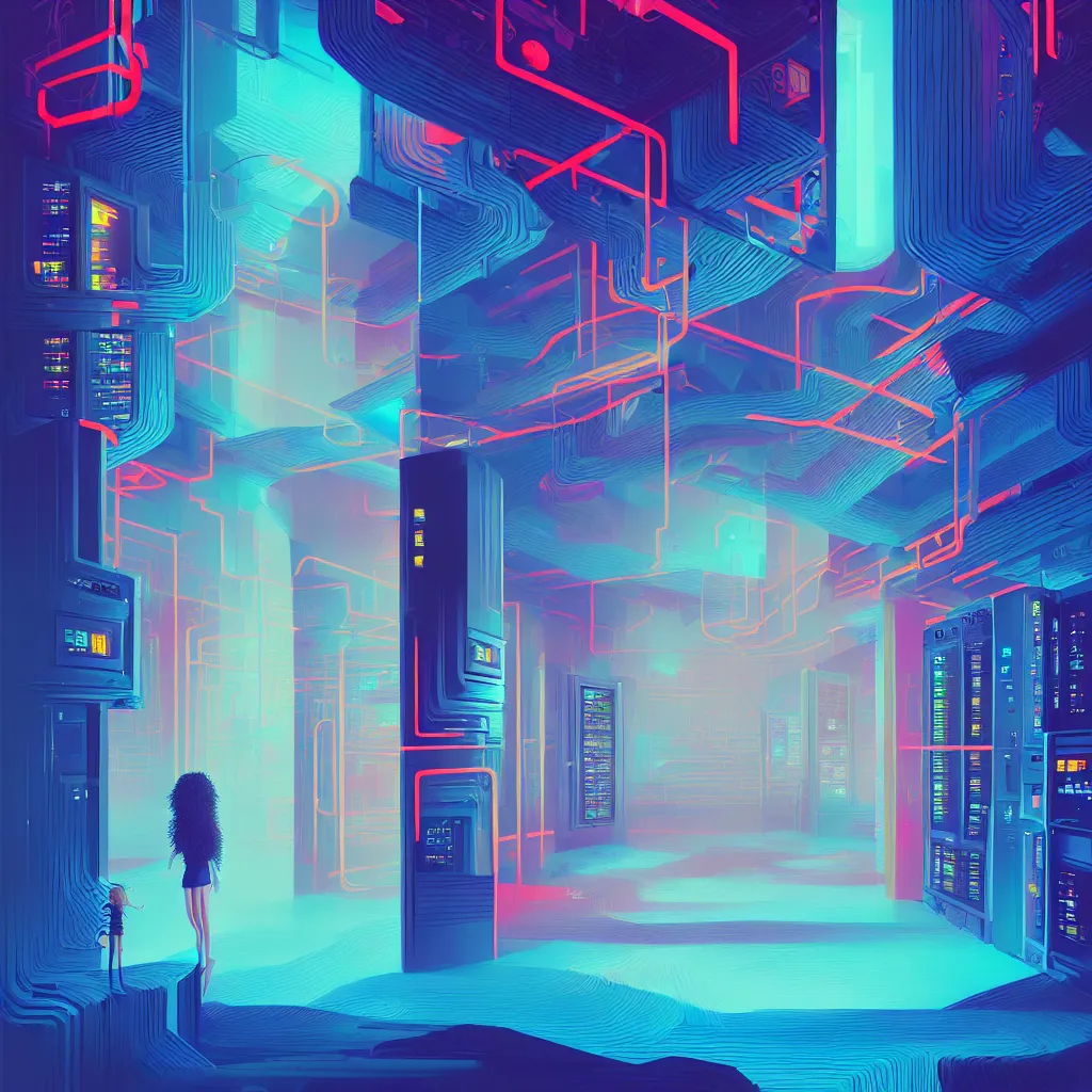 Prompt: illustration of a data-center architecture or schema, secret security agent, datastream or river, painting by Jules Julien, Leslie David and Lisa Frank and Peter Mohrbacher and Alena Aenami and Dave LaChapelle muted colors with minimalism