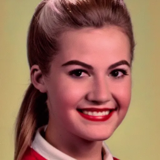 Prompt: a yearbook photo of Betty Cooper in 1966, she has a ponytail
