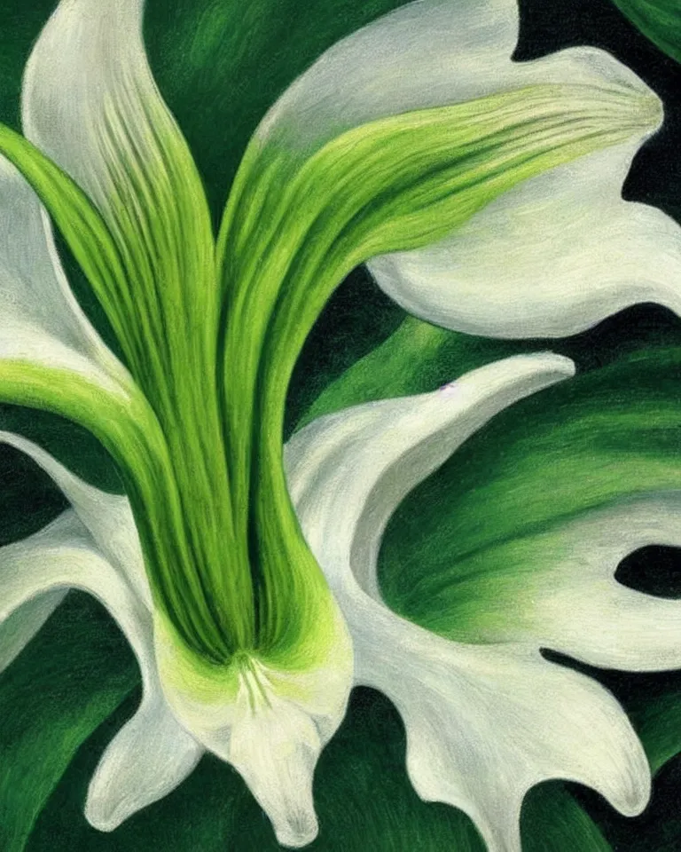 Image similar to achingly beautiful extreme close up painting of one white lily blossom on green background rene magritte, monet, and turner. piranesi. macro lens, symmetry, circular.