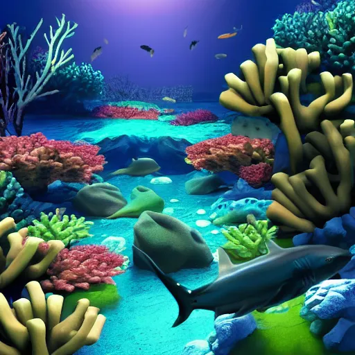 Prompt: coral reef with fish and sharks hyper realistic, volumetric lighting cinematic shadows