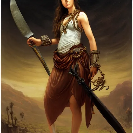 Image similar to artstation concept of a beautiful girl holding a sword in both hands, brown skin, sweaty skin, symmetrical face, casual white garment, brown canyon background, shiny colorful, hyperdetailed, artstation trending, world renowned artists, worth1000.com, historic artworks society, antique renewel, cgsociety, by greg rutkowski, by Gustave Dore, Deviantart