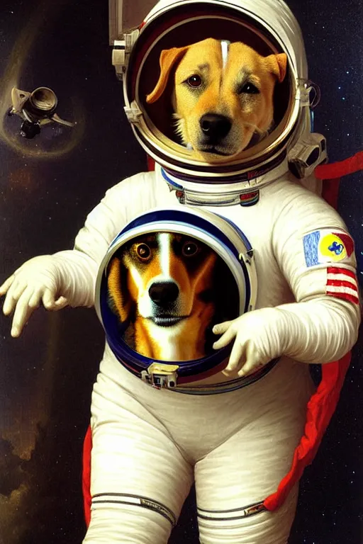 Image similar to portrait of a dog astronaut, wearing an astronaut helmet, by bouguereau