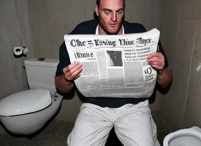 Image similar to chris long reading a newspaper on a toilet