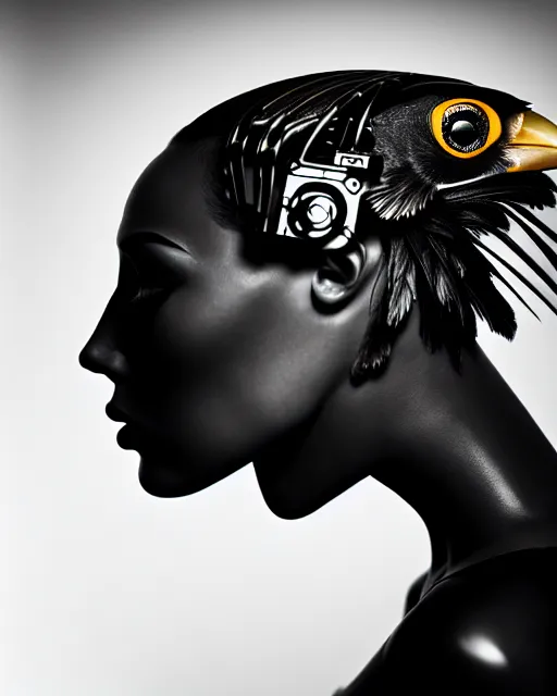 Prompt: a profile portrait, a stunning young woman - cyborg with a mutant crow head, editorial photography, bw, by roman sustov, shot on 7 0 mm, depth of field, f / 2. 8, high contrast, 1 6 k, volumetric lighting, shiny, insanely detailed and intricate, hypermaximalist, elegant, ornate, hyper realistic, super detailed