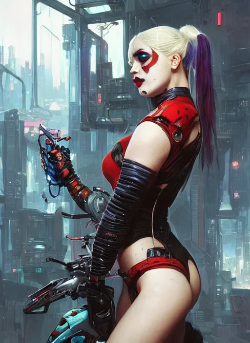 Image similar to a beautiful illustration of cyberpunk harley quinn with pointy ears, intricate, sharp focus, illustration, highly detailed, digital painting, concept art, matte, art by wlop and artgerm and greg rutkowski and alphonse mucha, masterpiece