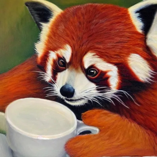 Prompt: A red panda with a cup of coffee, thinking of his good old days, oil painting