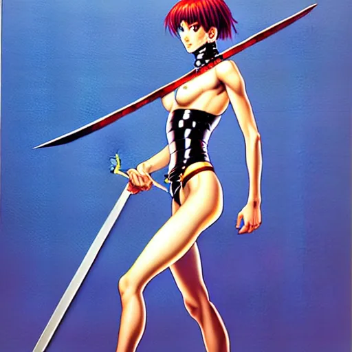 Image similar to pixel girl with sword, by hajime sorayama