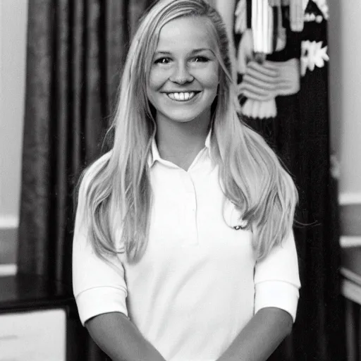 Prompt: A teenage girl cheerleader, long blond hair, standing in the Oval Office, grinning, as president of the united states, official photo portrait