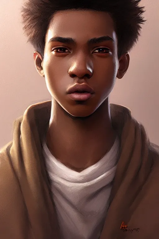 Image similar to young teenager boy with straight short brown hair, dark skin, big lips. highly detailed, d & d, fantasy, highly detailed, digital painting, trending on artstation, concept art, sharp focus, illustration, art by artgerm and greg rutkowski and fuji choko and viktoria gavrilenko and hoang lap