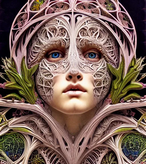 Prompt: hyperrealistic detailed face portrait of a beautiful young goddess morphing into a gothic cathedral, authentic ornamental architecture, intricate and highly detailed, awe inspiring art by ernst haeckel, h. r. giger, alphonso mucha, android jones, james jean, gothic, neo - gothic, heavily ornamental, nice deep colours,