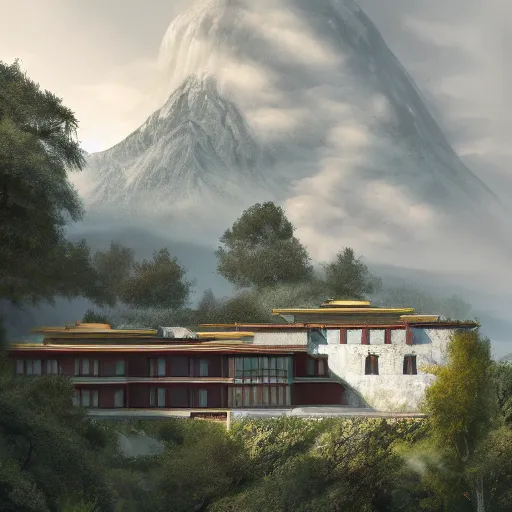 Prompt: modernist house inspired by a tibetan palace, overlooking a valley, big trees, clouds, dramatic lighting, artstation, matte painting, raphael lacoste, simon stalenhag, frank lloyd wright
